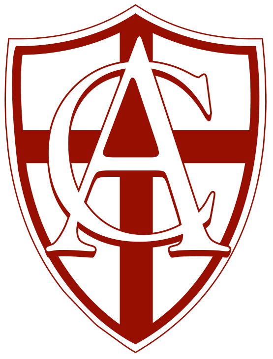 Logo for Catholic Action, featuring a red cross with intertwined letters "A" and "C" on a shield.