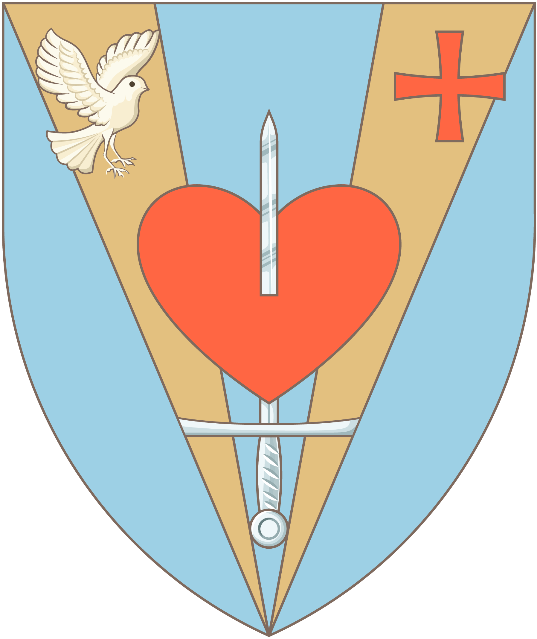 Coat of arms for the Marian Catechist Apostolate, featuring a heart, sword, dove, and cross on a blue and gold shield.